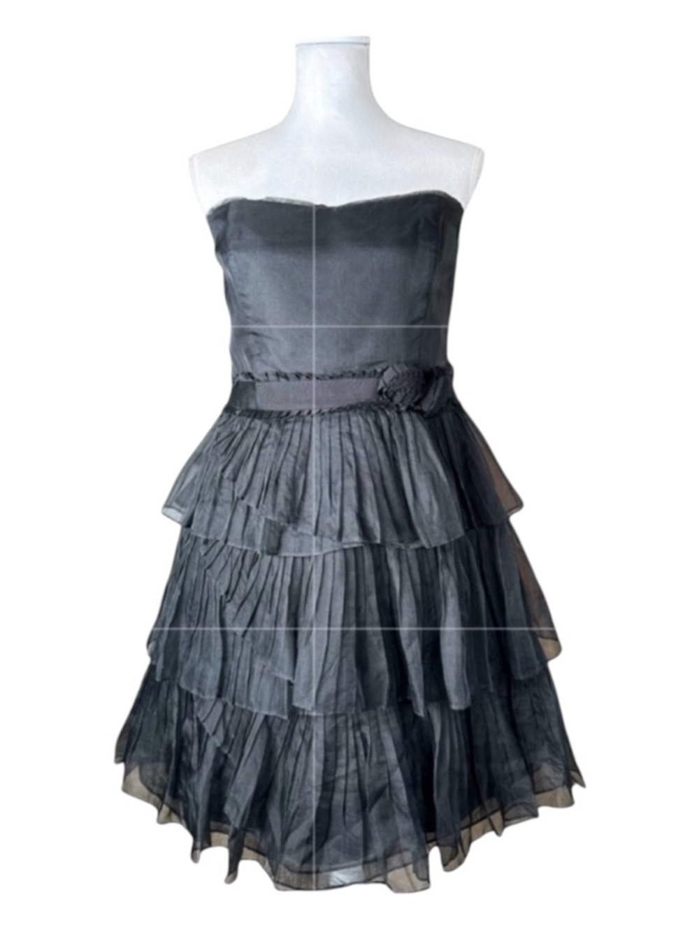 WHITE HOUSE BLACK MARKET 100% Silk Strapless Black Tiered Mini Dress, Size 12.
